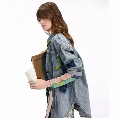爵莱菲大码早秋2025水洗爱心阴影牛仔拼接钩针花边宽松女士衬衫图片