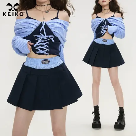 KEIKO 韩系绣标百褶半身裙2025秋季jk学院风拼色高腰A字制服短裙商品大图