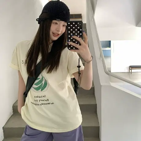 圆领印花短袖T恤女2025夏季爆款韩系宽松百搭套头百搭半袖上衣服图片