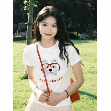 韩版小狗白色正肩短袖t恤女2025新款夏季设计感小众修身短款上衣图片