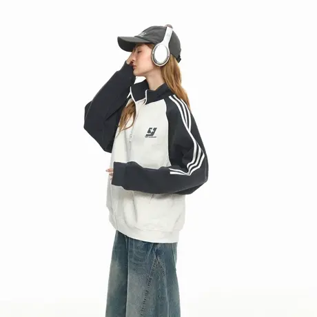 春秋新款潮牌撞色拼接拉链开衫立领卫衣外套女宽松运动情侣款上衣商品大图