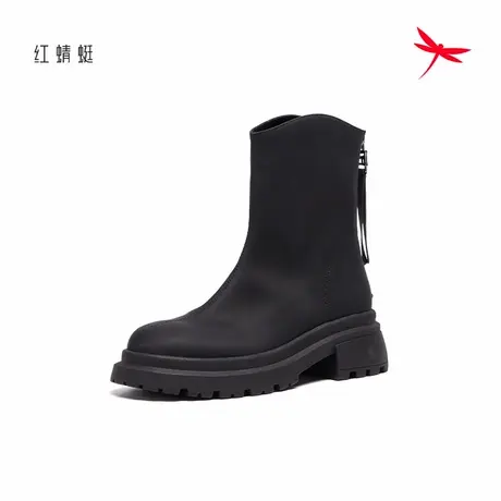 红蜻蜓女靴时尚舒适粗跟短筒靴子女百搭瘦瘦靴女时装靴英伦骑士靴图片