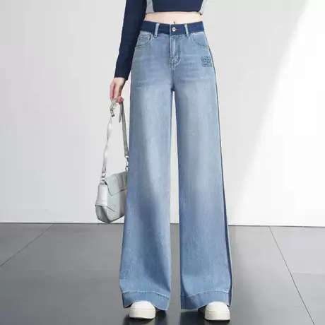 高腰阔腿牛仔裤女2025春季新款时尚撞色显瘦直筒拖地裤垂感休闲裤商品大图