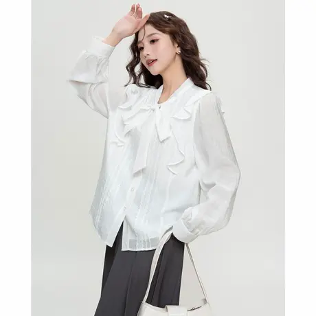 唐狮秋冬新款长袖衬衫女飘带前身花边衬衫简约宽松百搭ins风TD图片