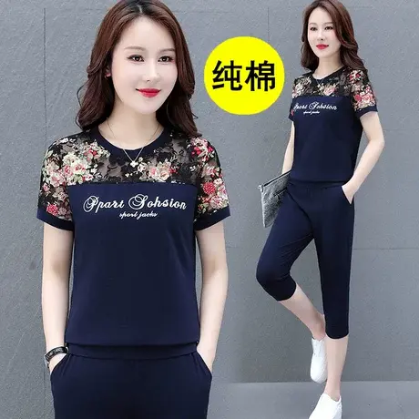 纯棉运动套装女夏季薄款中年妈妈2023年新款七分裤夏装休闲服短袖商品大图