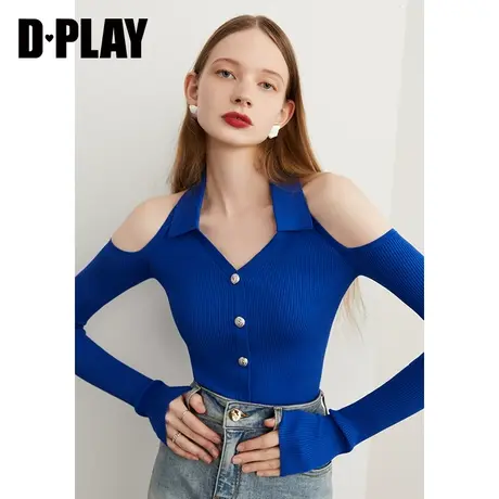 DPLAY春季新品心机镂空露肩V字翻领克莱因蓝色修身长袖毛衣商品大图