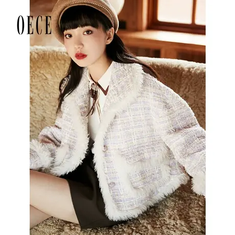 【买1送1】Oece甜美短款毛呢外套冬新女软糯格子呢大衣商品大图