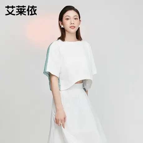艾莱依夏趣味前后拼接短袖T恤女后半透露背抽绳短款上衣商品大图