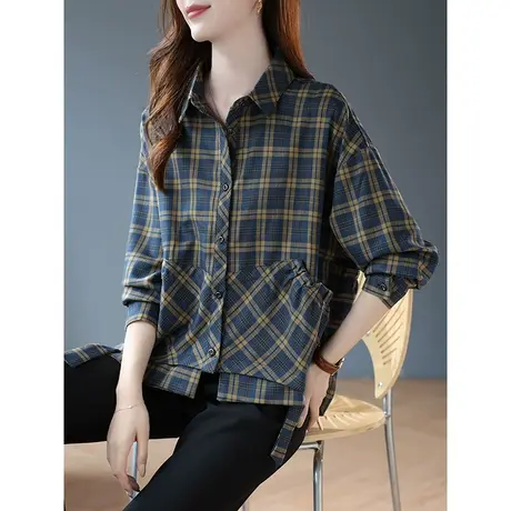 宝诗黎宽松格子棉质长袖衬衫早秋口袋开衫薄外套2023新款休闲上衣商品大图