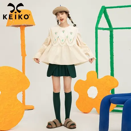 洋气碎花绣花领泡泡袖衬衫女2022秋季新款韩系娃娃衫别致上衣小衫商品大图