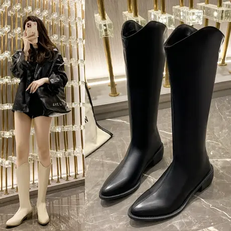 爆款长筒靴女法式高筒靴子女2023新款秋冬季加绒粗跟长靴显瘦瘦靴图片