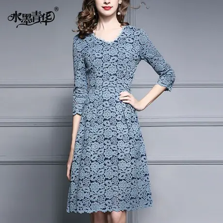 【1件7.9折】春装新品修身优雅V领大摆简约时尚收腰蕾丝连衣裙图片