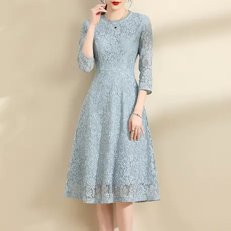水墨青华2024春季新款修身中长款蓝色蕾丝裙优雅百搭显瘦连衣裙女图片