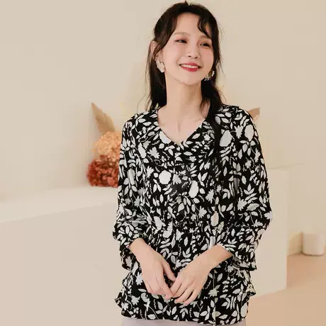 桔熊春秋季法式洋气小衫印花荷叶领收腰上衣女胖妹妹大码AB16776图片