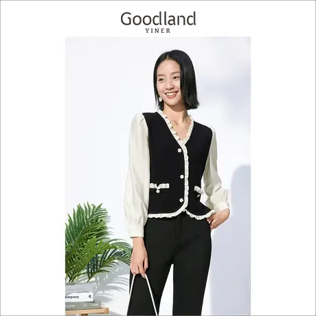 音儿美地女装2022冬季新款撞色假两件木耳边V领针织衫商品大图