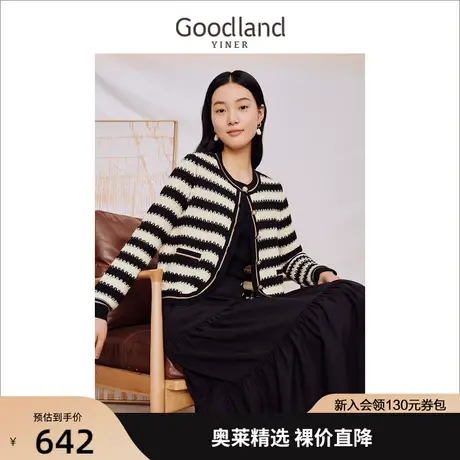 【名媛小香风】音儿美地女装2023秋季新款金属闪丝条纹针织衫图片