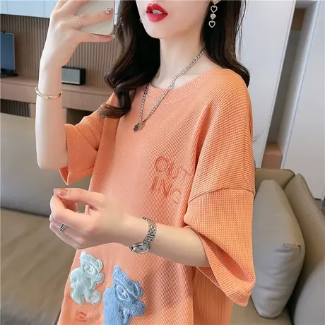 小众设计感短袖t恤女夏季韩版宽松大码女装中长款华夫格百搭上衣商品大图