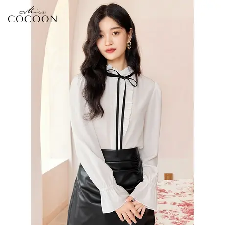 MISSCOCOON法式长袖衬衫女2023新款春秋季宽松甜美气质荷叶边上衣商品大图