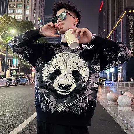 秋冬季重磅暗黑熊猫个性设计感打底线衣男潮流痞帅加厚毛衣针织衫商品大图
