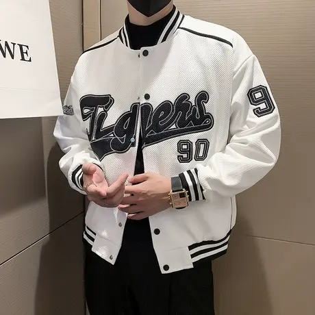 美式复古字母外套春秋季ins高街潮牌拼接棒球服修身痞帅个性夹克图片