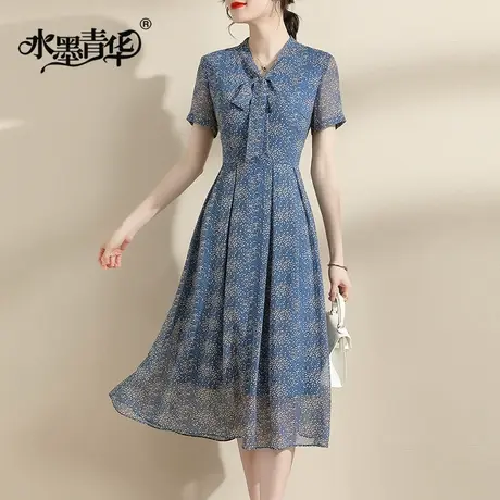 【1件7.9折】飘带领裙子新款夏季时尚花色大摆裙显瘦短袖连衣裙商品大图