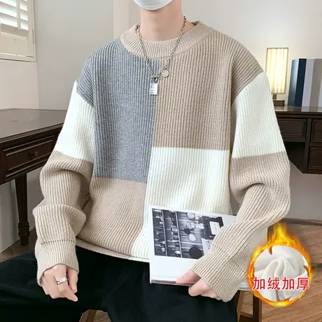 冬季撞拼色毛衣男孩高学生青少年大童加绒加厚款毛线衣打底衫男生商品大图