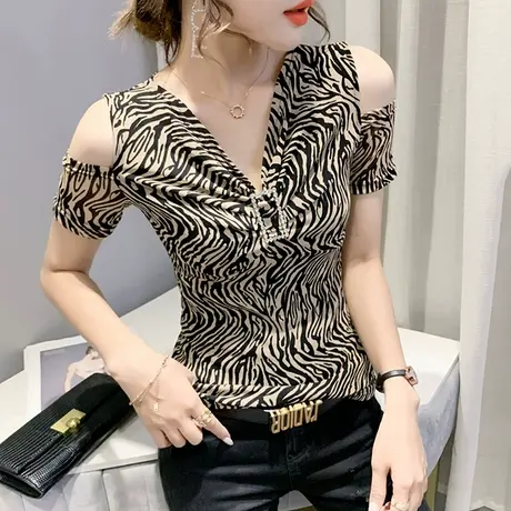 女装2023新款潮性感豹纹V领T恤女短袖夏网纱露肩上衣洋气显瘦小衫商品大图