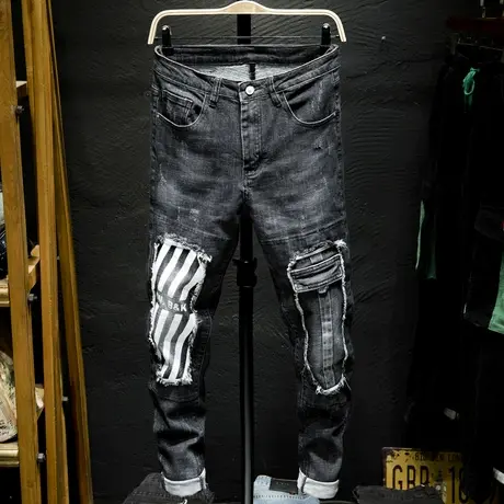 夏季破洞牛仔裤男修身潮牌乞丐裤子男士休闲裤小脚韩版潮流学生潮商品大图