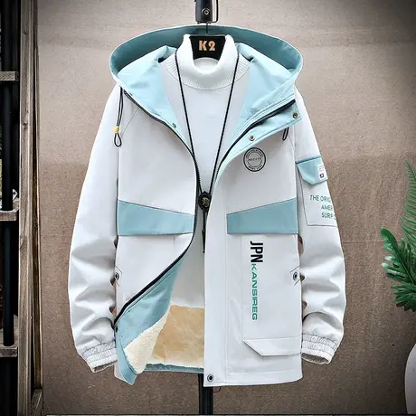 2022秋冬装夹克男加绒加厚上衣连帽卫衣开衫外套冬季拼接外穿秋衣商品大图