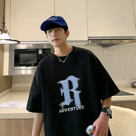 短袖t恤男士夏季2023新款潮牌潮流青少年初中生假两件圆领上衣服商品大图