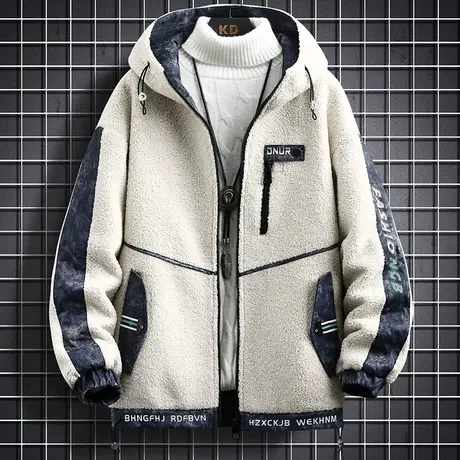 羊羔绒外套男士春秋季2023新款潮牌连帽休闲夹克棉衣冬装加厚棉服商品大图