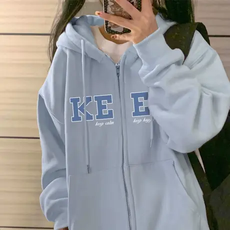 奶蓝色卫衣外套女chic早秋季2023新款秋冬上衣初秋慵懒风加绒开衫商品大图