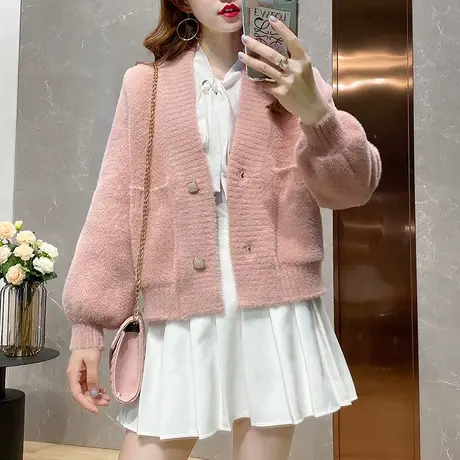 水貂绒毛衣外套女短款春秋2023年新款针织开衫洋气韩版温柔风上衣商品大图