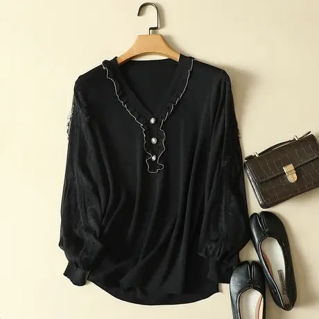 雪纺袖春装2024年新款冰丝针织衫女长袖上衣宽松洋气蕾丝打底衫女商品大图