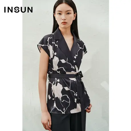 INSUN恩裳专选气质西装领印花收腰衬衫上衣商品大图