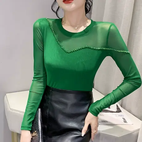 网纱拼接打底衫女春秋2024新款性感镂空长袖T恤时尚钉珠气质上衣图片