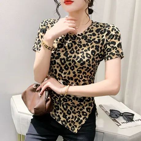 时尚豹纹T恤女短袖欧货网红不规则开叉上衣洋气高腰小衫修身半袖商品大图