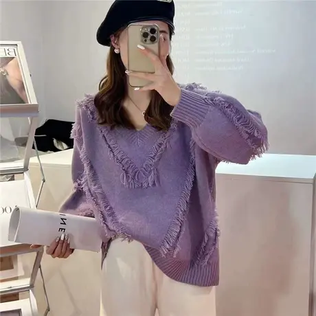 春装v流苏今年流行红色毛衣女新款爆款宽松显瘦洋气春季打底衫女商品大图