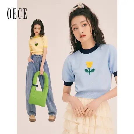 Oece轻薄针织衫上衣女短袖春秋季新款复古设计感气质漂亮小衫毛衣商品大图