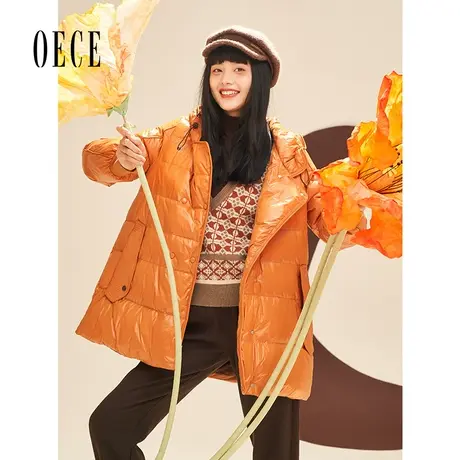 Oece冬装新款女 学院少女复古连帽中长款羽绒服外套商品大图