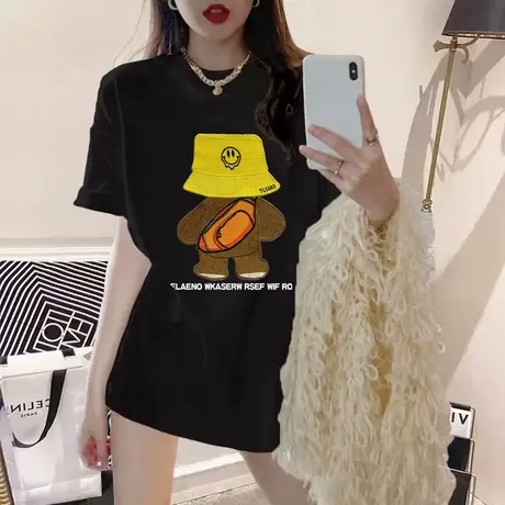 黑色短袖t恤女潮牌2024年夏季新款设计感小众中长款纯棉上衣服图片