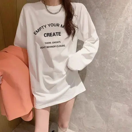 字母t恤女长袖2023年秋冬新款中长款下衣失踪宽松韩版小众上衣潮图片