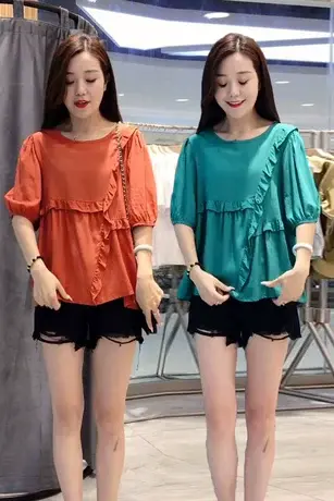 欧洲站2023新款减龄木耳边衬衫上衣女士短袖夏宽松显瘦百搭娃娃衫商品大图