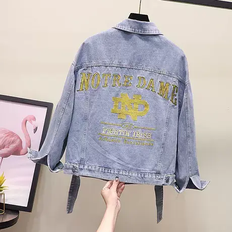 2021秋季新款刺绣长袖破洞牛仔外套女宽松韩版BF原宿学生上衣夹克商品大图