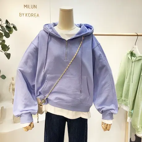 韩国东大门小众设计感荷叶边半拉链卫衣2021早春新款两件套装卫衣商品大图