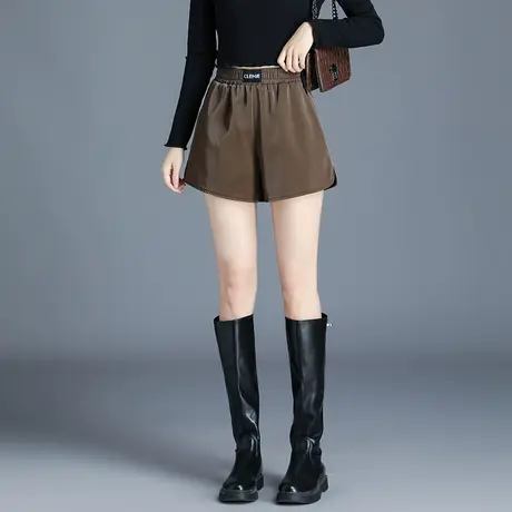 PU皮短裤女春秋2023新款时尚松紧腰宽松a字阔腿裤休闲皮裤靴裤潮图片