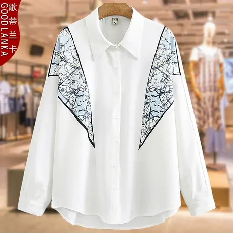 加肥加大码衬衣女200斤中年胖妈妈春装宽松上衣洋气印花长袖衬衫商品大图