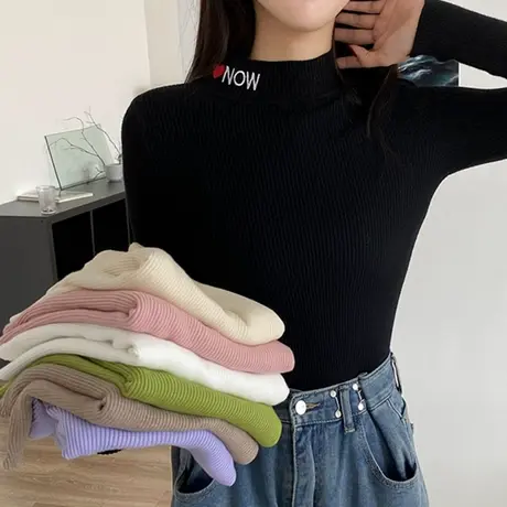 毛衣2022秋冬新款女修身黑色内搭打底衫洋气圆领长袖初秋针织上衣图片