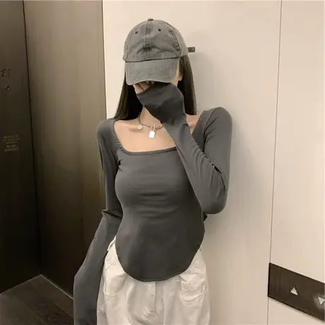 大码T恤女设计感小众秋季新款胖MM不规则学生显瘦上衣长袖打底衫图片