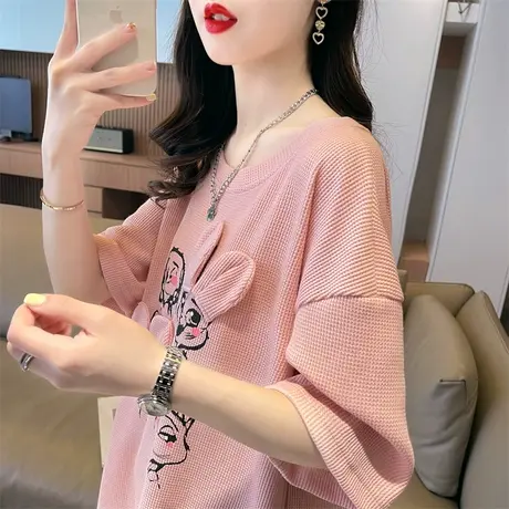 小众设计感短袖t恤女夏装韩版宽松大码中长款华夫格学生百搭上衣商品大图